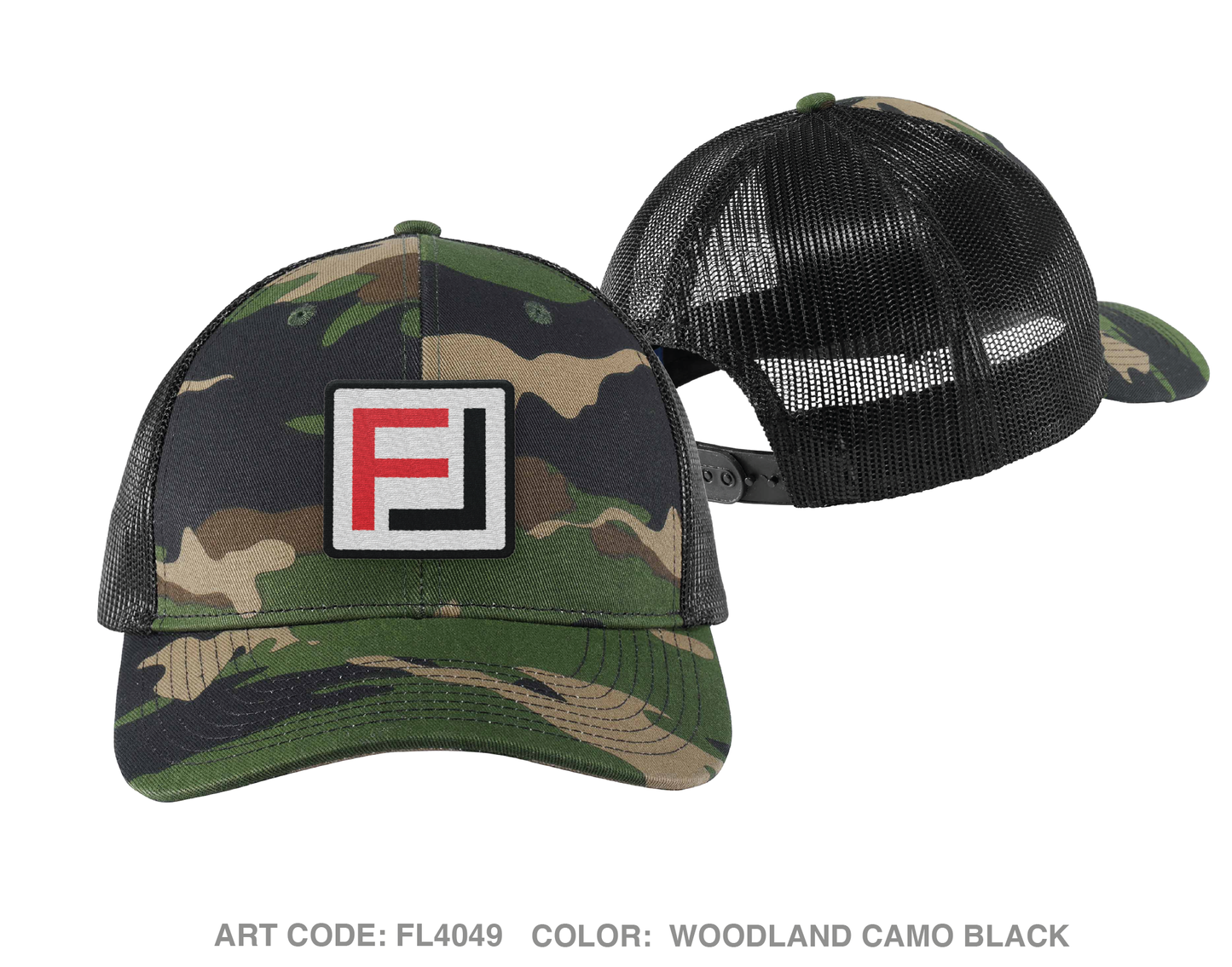 FRONTLINE EQUIPMENT AND CONSULTING  Embroidered Snapback Trucker Cap - FL4049 Woodland Camo Black